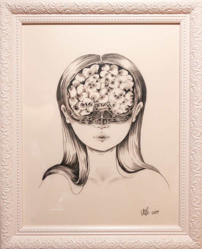 pencil drawing of a girl with half of her head cut open to reveal a cross section of her brain cavity that's filled with eyeballs