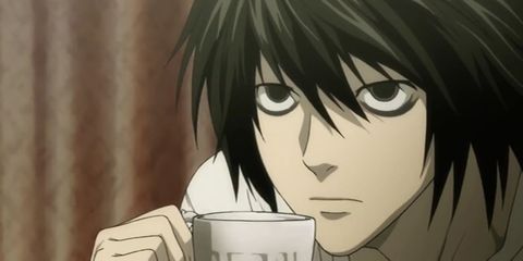 L from Death Note drinking coffee