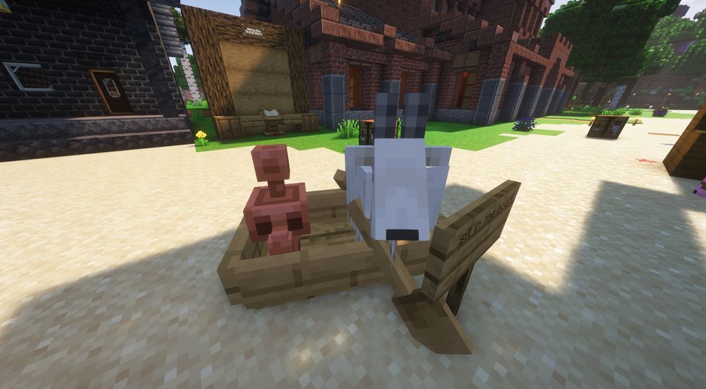 minecraft screenshot of a goat and a copper golem in a boat