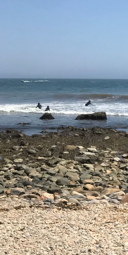 Looking at surfers in the water from a rocky beach. 