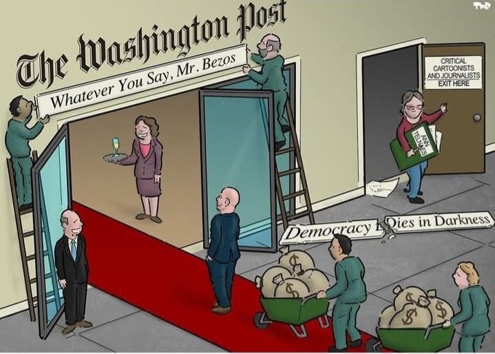 Cartoon of Wahington post changing it ottoe from "Democracy in Darrkness" to "Whatever you say, Mr Bezis"