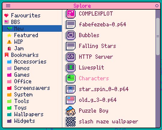 A WIP screenshot of Splore showing a list of lists on the left (BBS > New, Featured, Bookmarks > Accessories, Demos etc) and the cartridges in that category on the right.