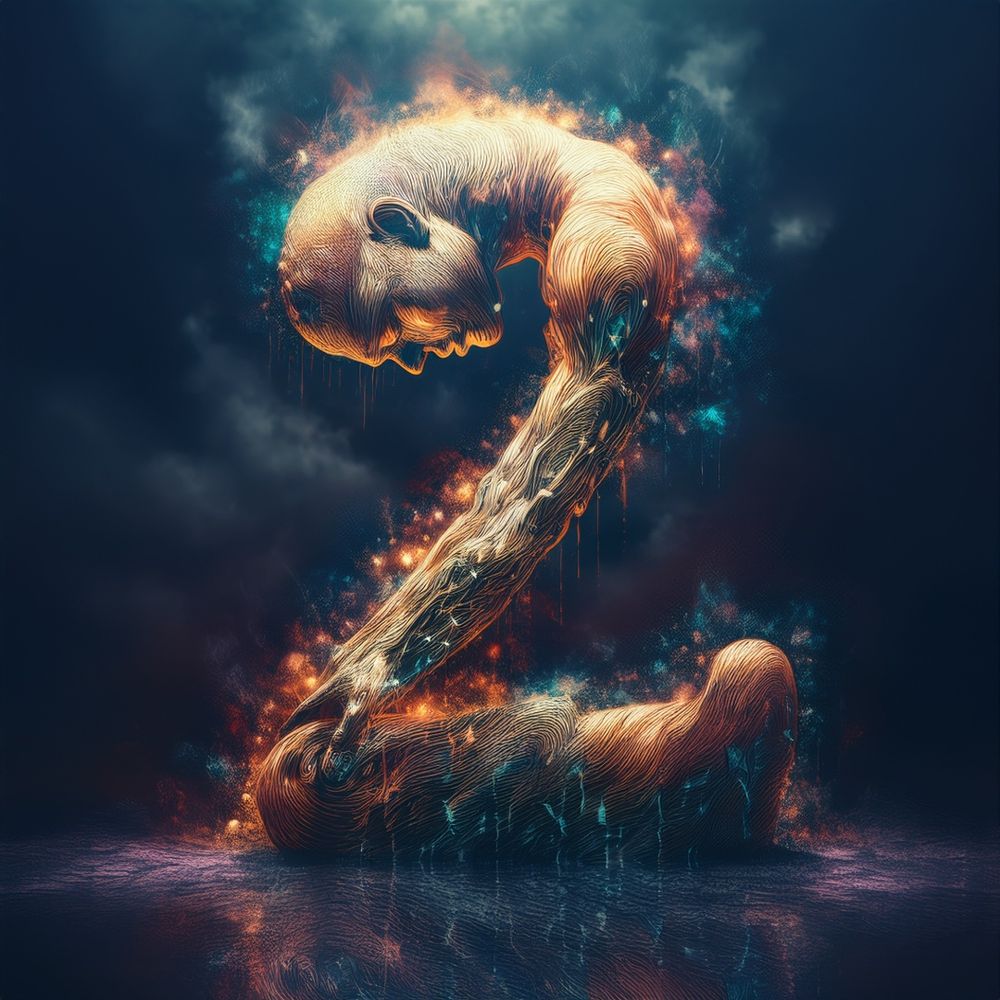 The number two, created from the intertwined form of a human figure kneeling with head bowed low towards their chest, hands clasped in their lap. The person’s profile shows sullen, wet eyes and a posture expressing deep despair, as if begging for assistance with the knowledge no one will listen. The glowing, muscular lines of their body illuminate a dark, heavy setting, with pendulous black clouds looming overhead, emphasising a sense of emotional exhaustion, emptiness, and weariness.