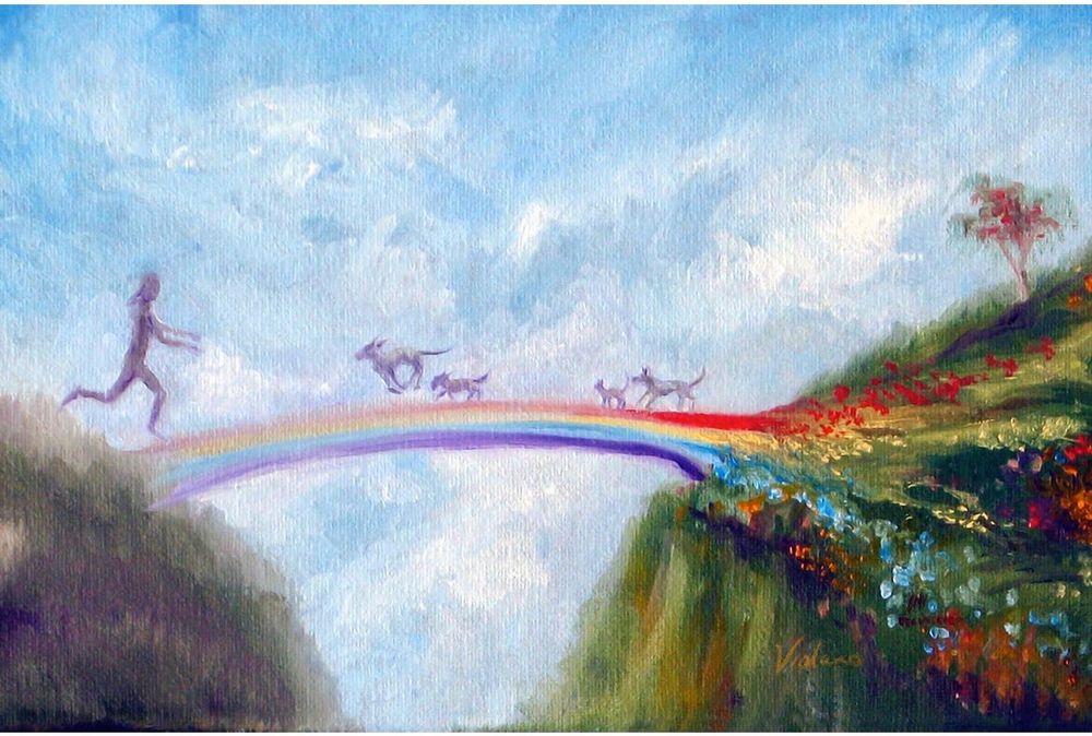 Rainbow Bridge by Paul Violano (2023). A symbolic portrayal of the journey taken by pets and their owners to the afterlife, where they are joyfully reunited.