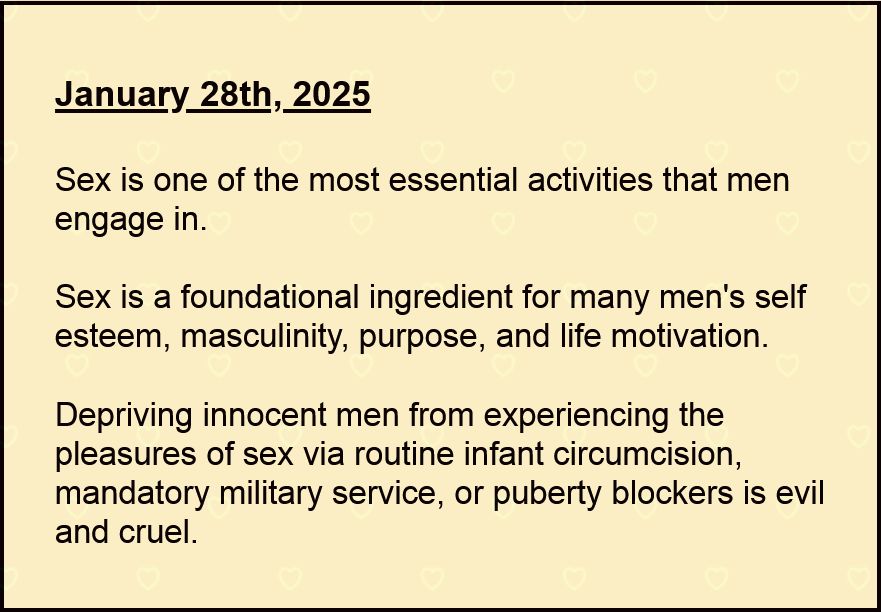 

January 28th, 2025

Sex is one of the most essential activities that men engage in.

Sex is a foundational ingredient for many men's self esteem, masculinity, purpose, and life motivation.

Depriving innocent men from experiencing the pleasures of sex via routine infant circumcision, mandatory military service, or puberty blockers is evil and cruel.