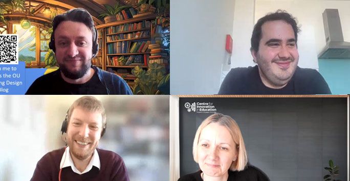 Clockwise from top left: Paul Astles, Yigit Oezcelik, Sam Saunders and Tunde Varga-Atkins on a Teams call [having a fun podcast discussion]