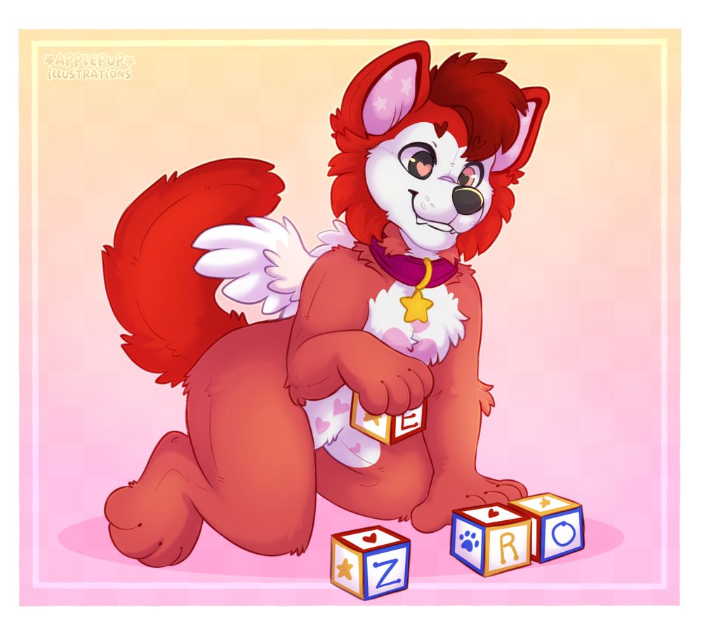 Lovecore plush canine fursona spelling her name, Zer0, with letter blocks