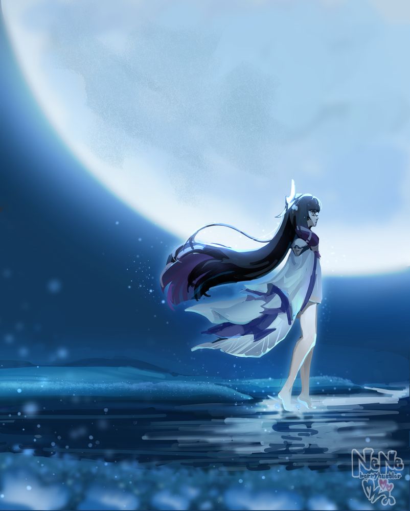 study of frame from genshin's Song of the Welkin Moon Teaser: Moonlit Ballad of the Night, featuring columbina stepping onto the water with the moon behind her