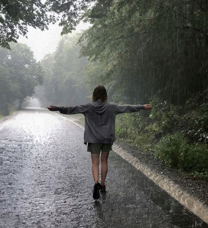 A woman walking in the rain with her arms reaching out