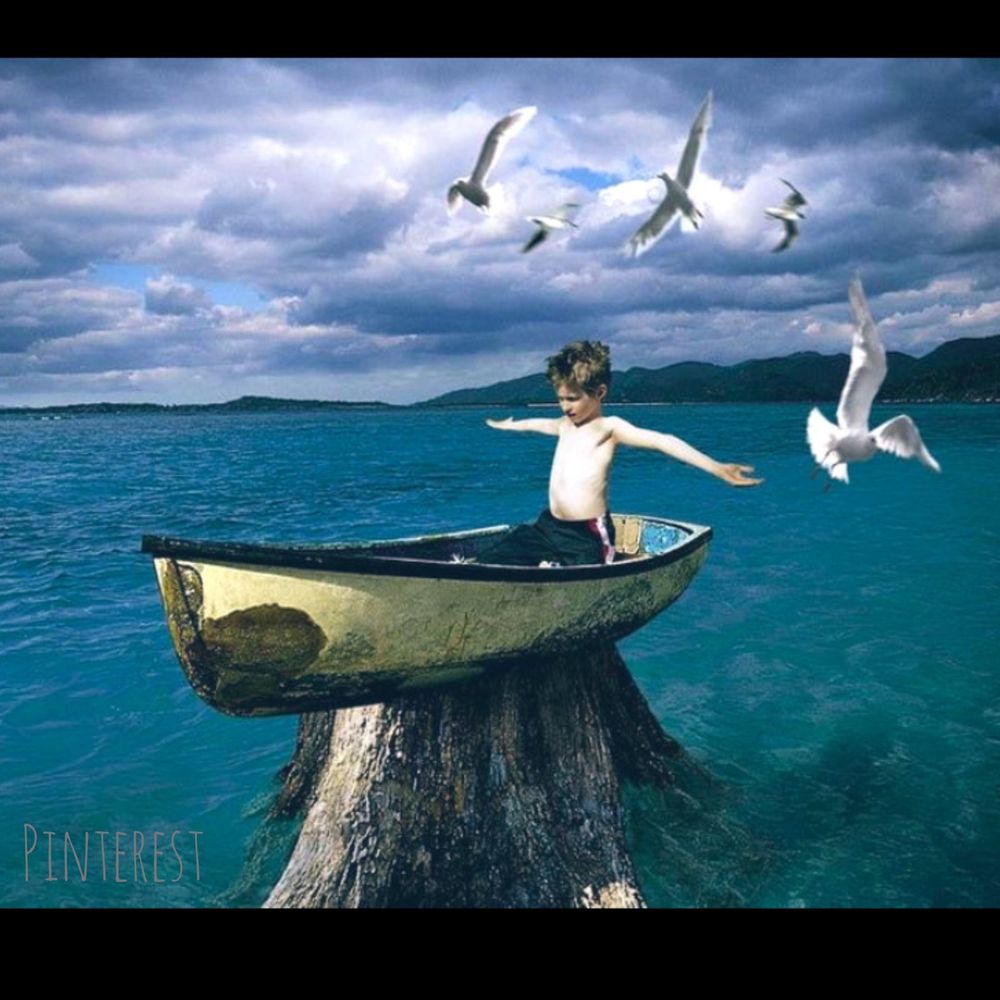 Photographer/Artist unknown(found on Pinterest): Image of young boy standing in a row boat that is perched on a tree stump. He is holding out his arms as if to feel the wind at sea. While there is water around him & seagulls, the image could be interpreted as a surreal dream…Either way, it invites the imagination to possibilities.
