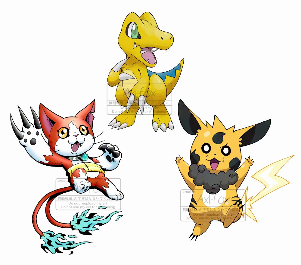 fanart of Agumon drawn in the pokemon artstyle, pikachu drawn in the yokai watch artstyle, and jibanyan drawn in the digimon artstyle
