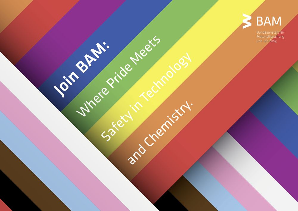 Schrift: "Join BAM: Where Pride meets safety inh technology and chemistry" auf Regenbogen und Trans-Flaggen-Hinmtergrund