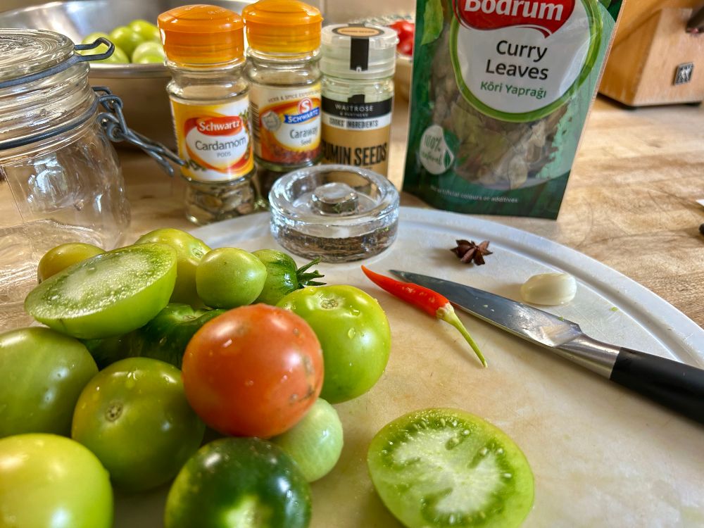 Ingrediants for brine fermented Green Tomatoes with warm/hot spices.