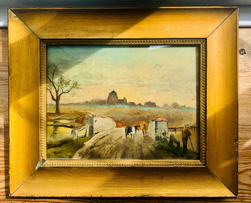 Oil on board painting of Cows being herded over a river bridge, the herdsman taking a moment to gaze down the river, leaning on his stick. The landscape features a tree and a squat Church Tower with other buildings in the distance.