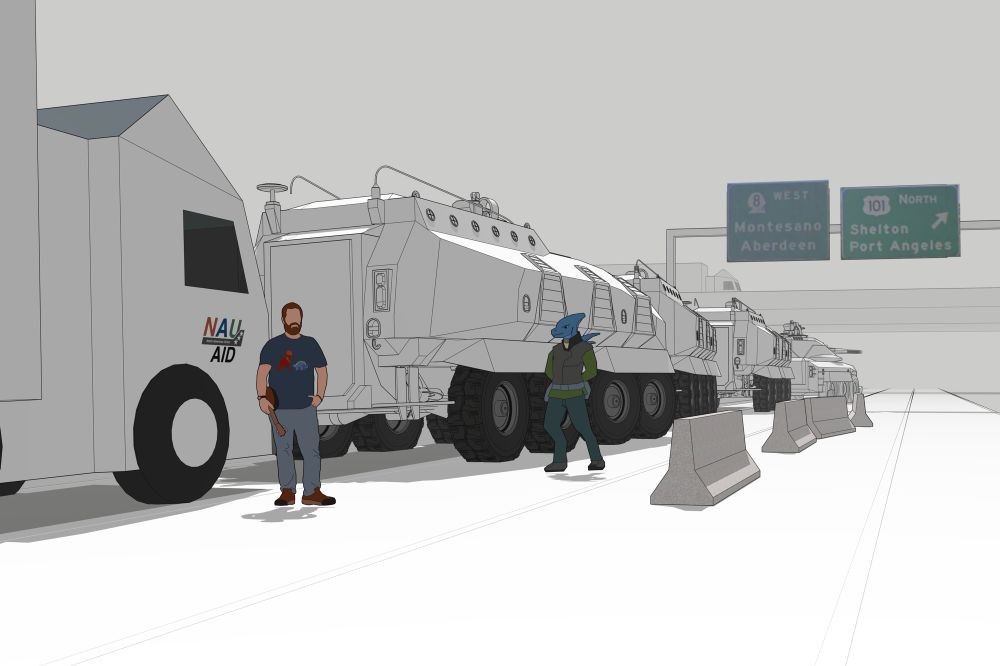 A 3D model of a line of alien APCs parked on the side of a human highway, with a North American Union Aid truck parked behind them. 