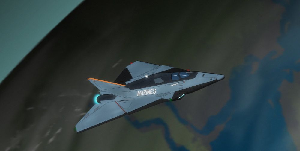 Day 1: Fighter
Blue delta wing space plane fighter over a planet