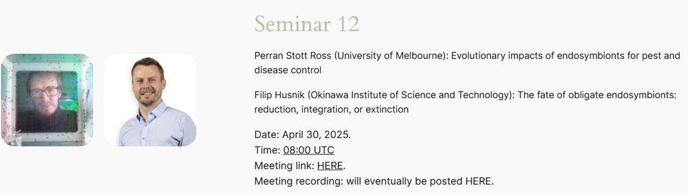 Overview of meeting details for the next Internal Conflicts STN seminar by Perran Stott Ross and Filip Husnik.