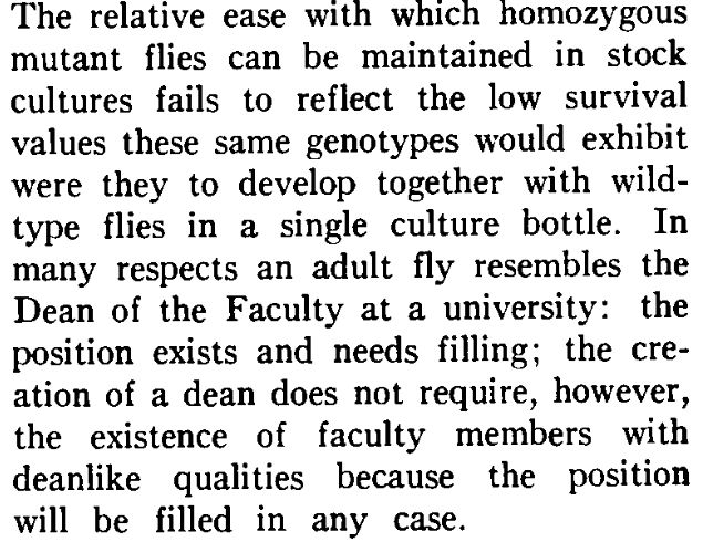 Excerpt from a 1975 paper by Bruce Wallace which reads: "The relative ease with which homozygous mutant flies can be maintained in stock cultures fails to reflect the low survival values these same genotypes would exhibit were they to develop together with wild-type flies in a single culture bottle. In many respects an adult fly resembles the Dean of the Faculty at a university: the positions exists and needs filling; the creation of a dean does not require, however, the existence of faculty members with deanlike qualities because the position will be filled in any case."