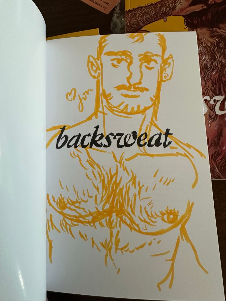 A yellow brush marker sketch of a hairy chested man in a copy of backsweat.