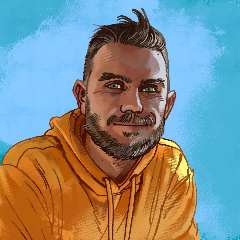 A self portrait of the artist wearing a yellow hoodie.
