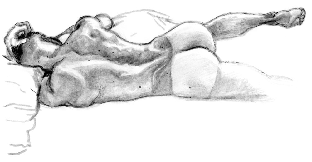 A pencil rendering of a man on his side, tanlines on his butt.