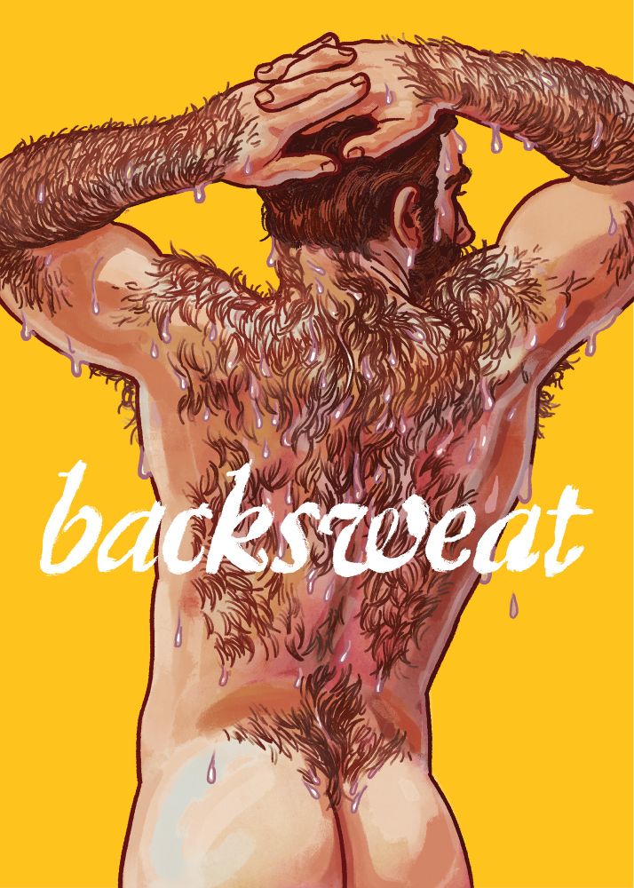 A man with his hands on his head, lusciously full back hair drenched in sweat that drips off his body.