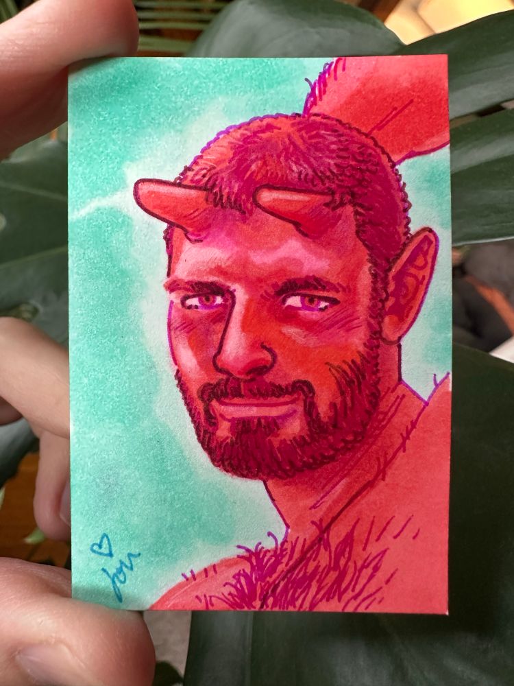 A red ogre drawing. A hairy ogre man, copic, colerase, triplus fineliner.