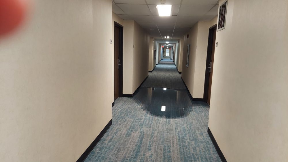 All carpeted hallway with aan obscenely large puddle of water in the middle of it.