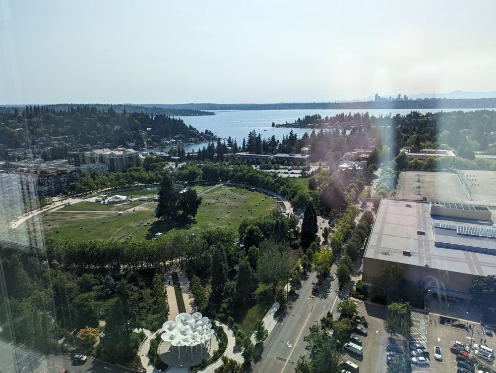 Bellevue city park with a bunch of extra trash bins, as seen from a nearby building 