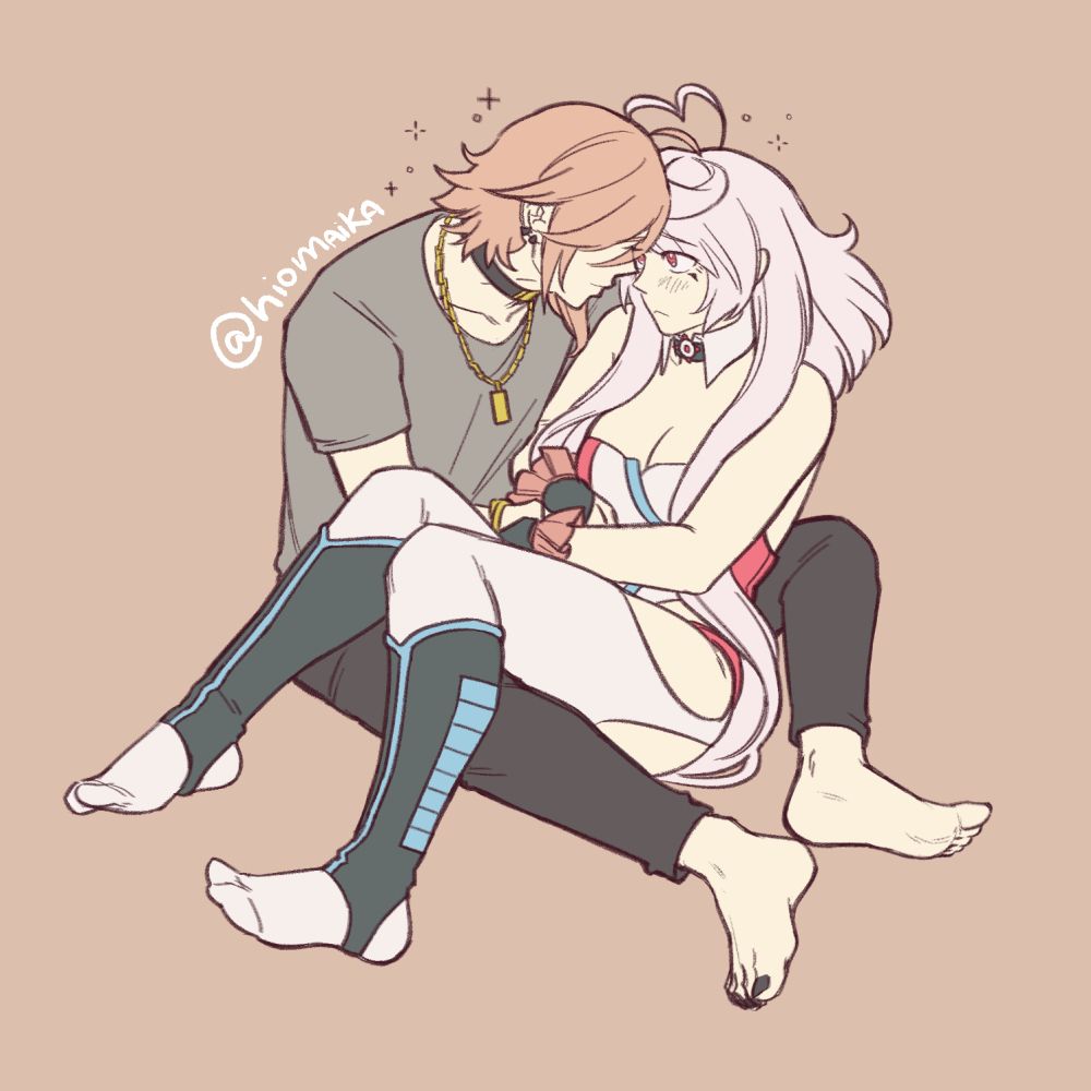 art of the ship hiomaika (vocaloid maika and yohioloid) with maika sitting between hio's legs