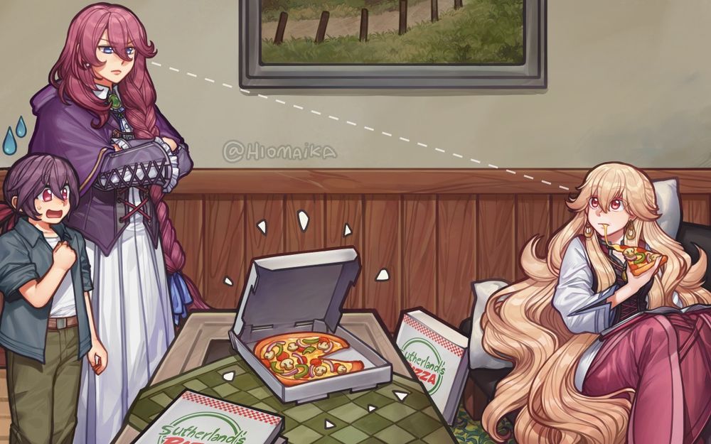 colored sketch commission of Emma Millstein with her daughter Kasia Schwarzer  walking in her grandmother Roselia Millstein sitting reading a book while eating a pizza piece. Between them there's a table with 3 pizza boxes and near Roselia there's a 4th box on the floor.

Emma is staring dissaproving towards Roselia for her bad eating habits.