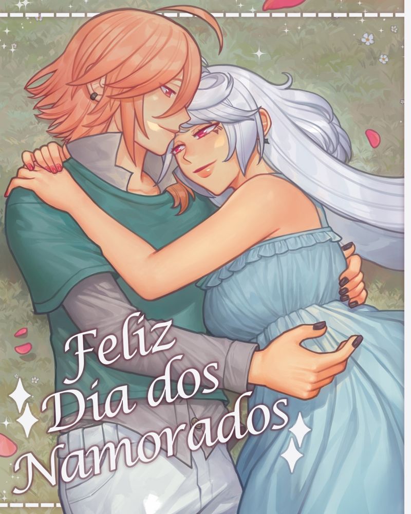 ilustração dos vocaloids yohioloid e vocaloid maika abraçados em um gramado bem serenos enquanto pétalas caem em volta deles. por cima da ilustração está escrito "feliz dia dos namorados"