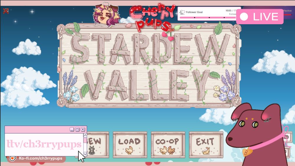 a going live post for stardew valley at twitch.tv/ch3rrypups