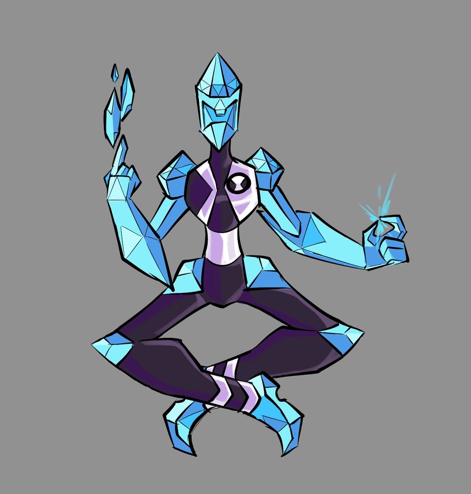 Crystal Clear, a skinny blue crystal-made species, they lack the bulkiness of the PetroSubsapiens but the surface of their crystal are a lot more clear and reflective, they are capable of slightly float thanks by light, they also generate crystals in smaller amount than Diamondhead instead using these small pieces to reflect light proyectiles