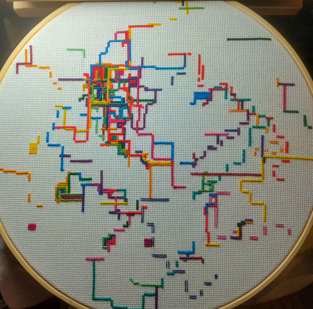 A cross stitch pattern that looks like tubes of colors connected 