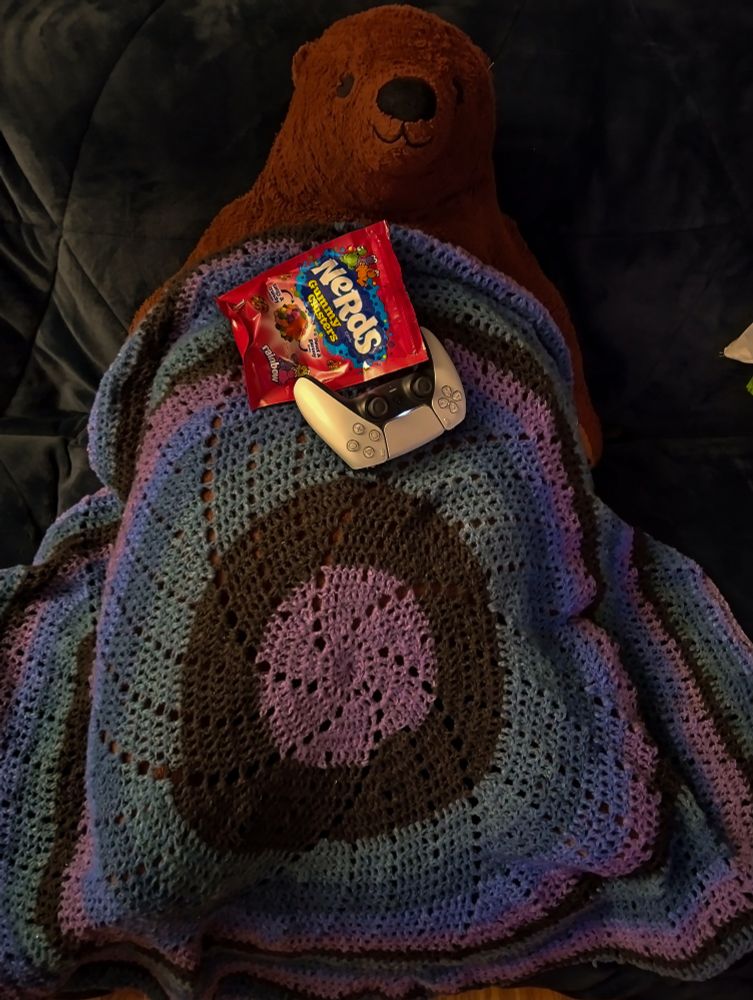 A Djungelskog enjoying a black, purple, and blue round blanket with candy and a game
