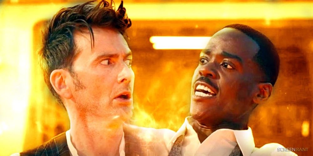 From Doctor Who: 15 (Tennant) and 16 (Gatwa) splitting apart in bigeneration.