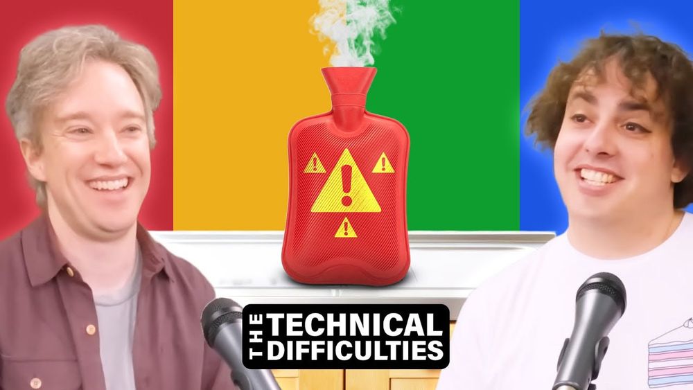 Video thumbnail: Tom Scott and me, with an image of a hot water bottle covered in warning triangles 