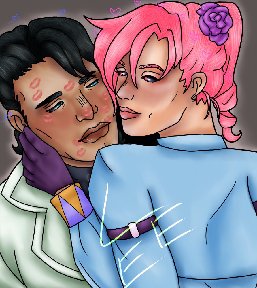 Eloise and Jotaro cuddled close and looking at each other lovingly while Jotaro is covered in many kiss marks