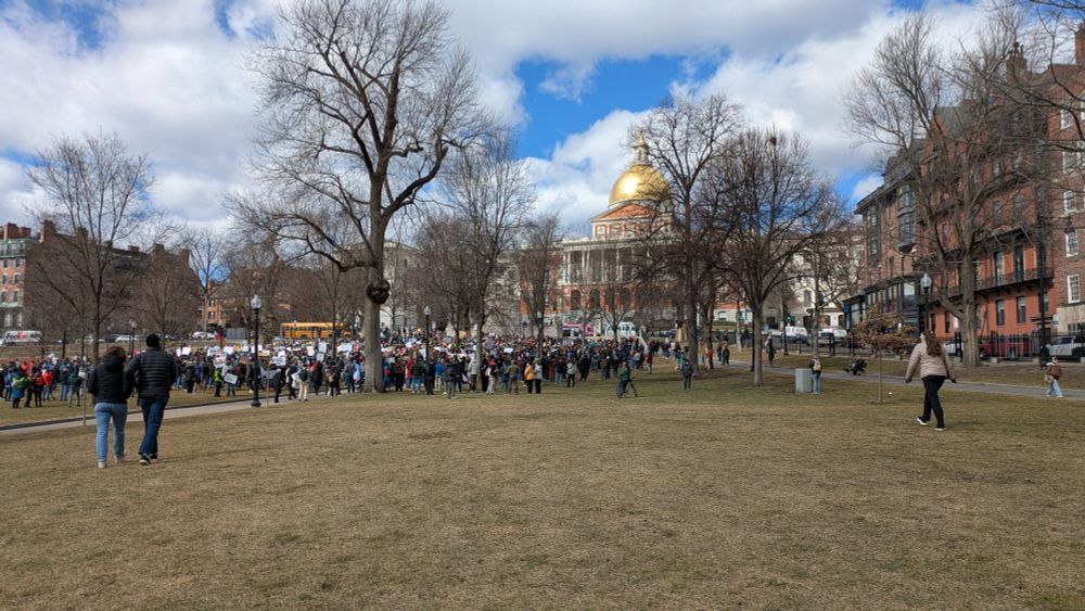 Wide view of rally at Boston Common with the MA State House in the background