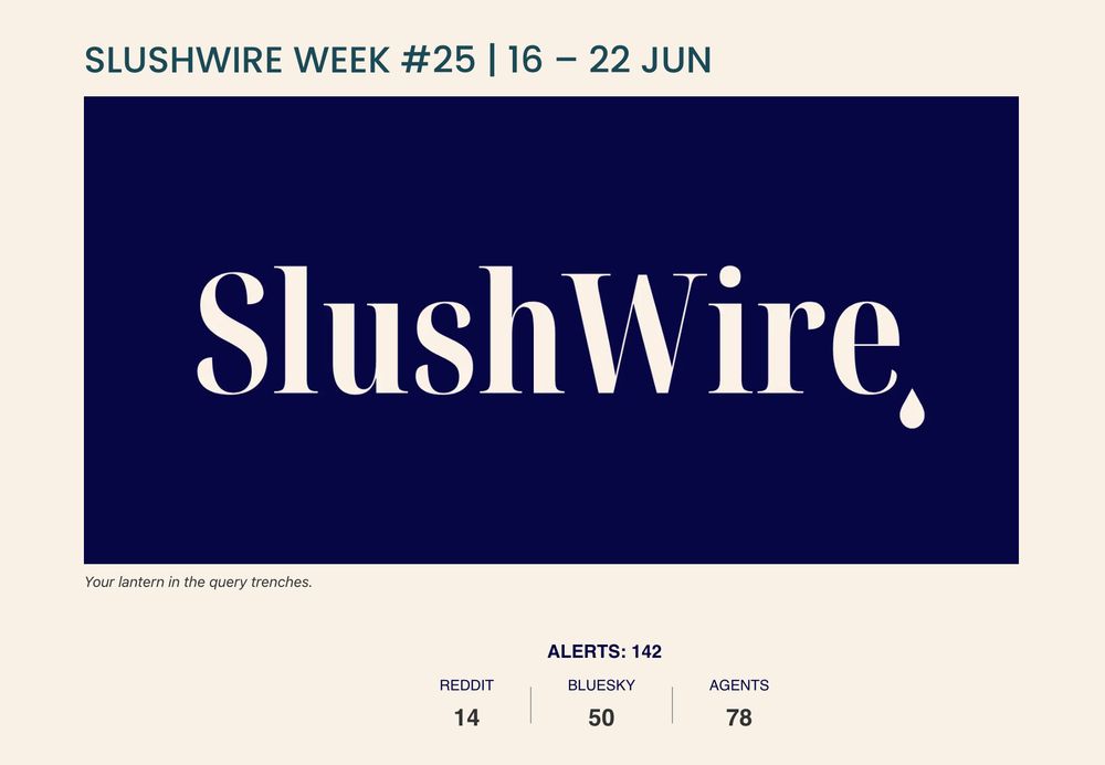 A graphic for “SLUSHWIRE WEEK #25 | 16 – 22 JUN” is shown on a cream-colored background. In the center, there’s a large dark blue rectangle featuring the bold serif logo text “SlushWire” with a water droplet replacing the period at the end. Below the logo, a tagline reads: “Your lantern in the query trenches.” At the bottom, alert statistics are displayed: “ALERTS: 142” with breakdowns for Reddit (14), Bluesky (50), and Agents (78).