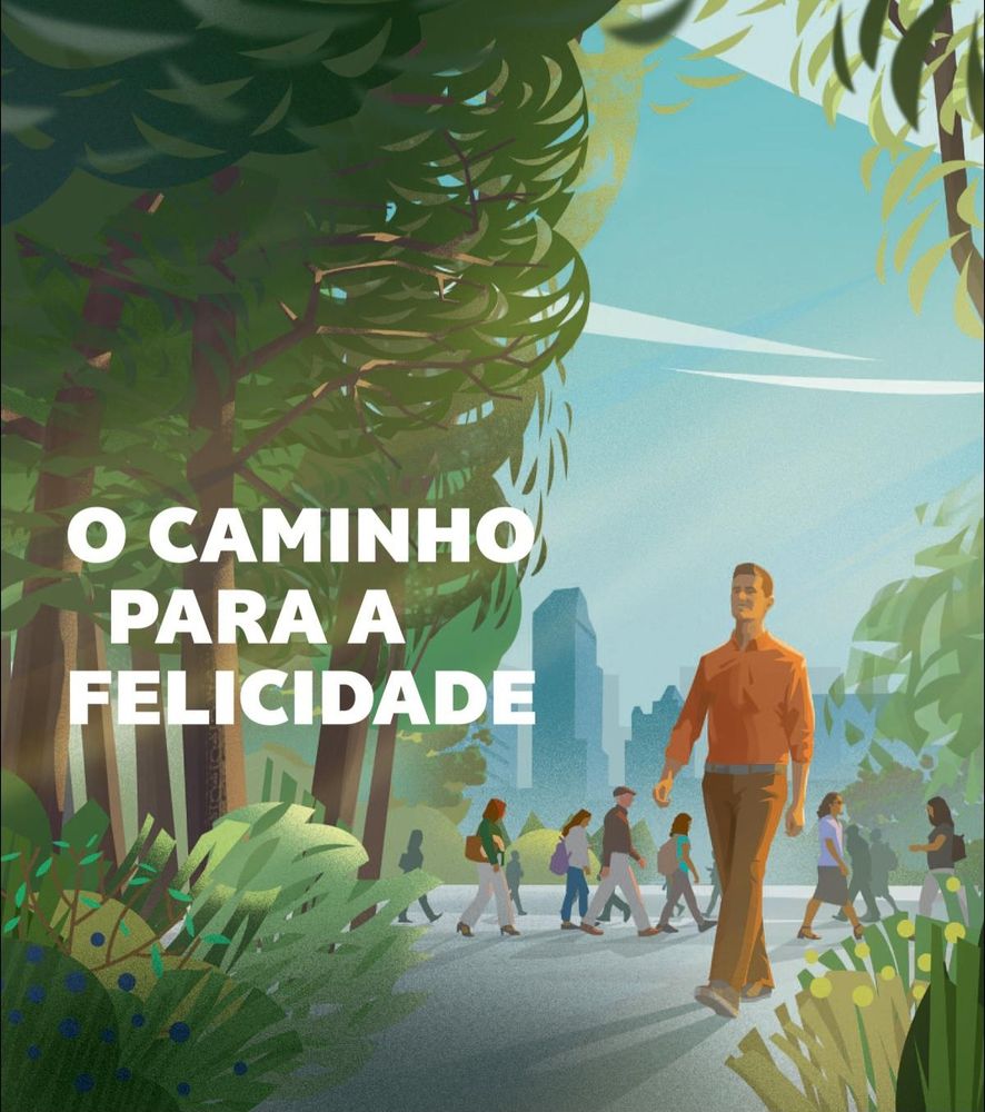 Capa de revista evangélica com ilustração de pessoas andando, árvores em volta e ao fundo prédios, com o título "O caminho para a felicidade"
