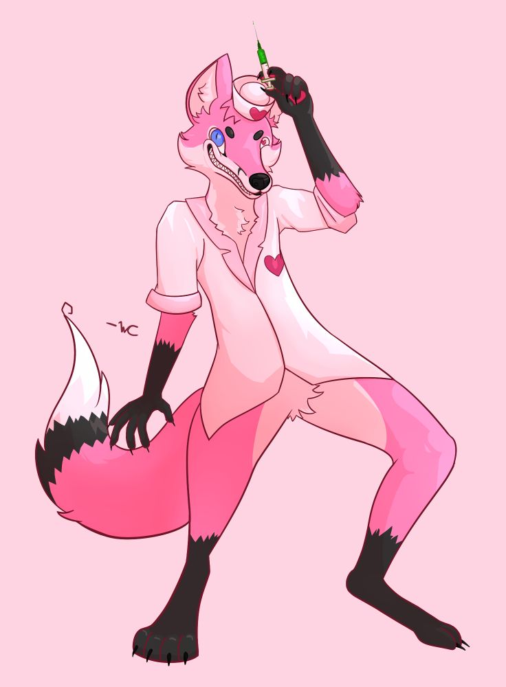 An anthropomorphic pink fox in a nurse uniform grins while holding a needle and syringe full of mysterious green liquid. 