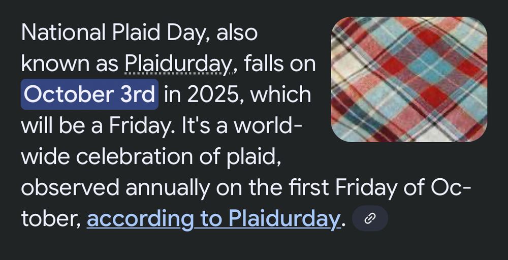 It’s a screenshot from Google stating National Plaid Day, aka Plaidurday, falls on October 3rd in 2025