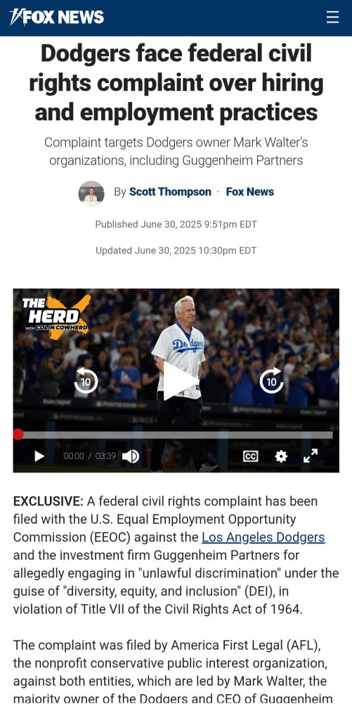 America First Legal is suing the Dodgers for using "DEI" in their hiring practices and "violating civil rights"