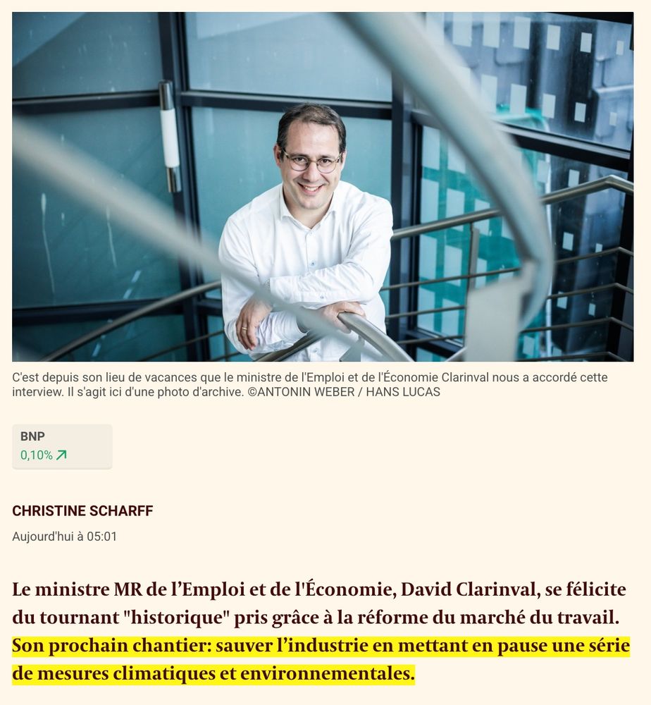 Le ministre MR de l’Emploi et de l'Économie, David Clarinval, se félicite du tournant "historique" pris grâce à la réforme du marché du travail. Son prochain chantier: sauver l’industrie en mettant en pause une série de mesures climatiques et environnementales.