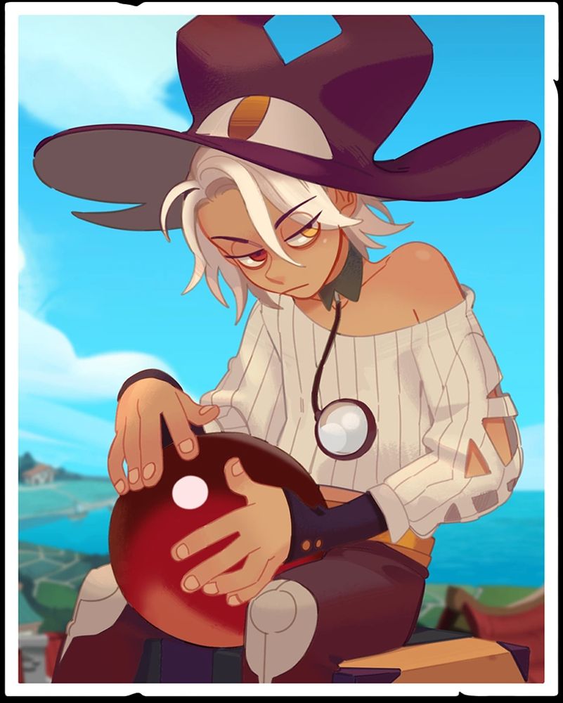 Quinn from Potionomics, sat down looking off to the side of frame. They have silver hair, a large witch hat with an eye motif emblazoned upon it, yellow and red heterochromic eyes, and they are holding a deep red crystal ball.