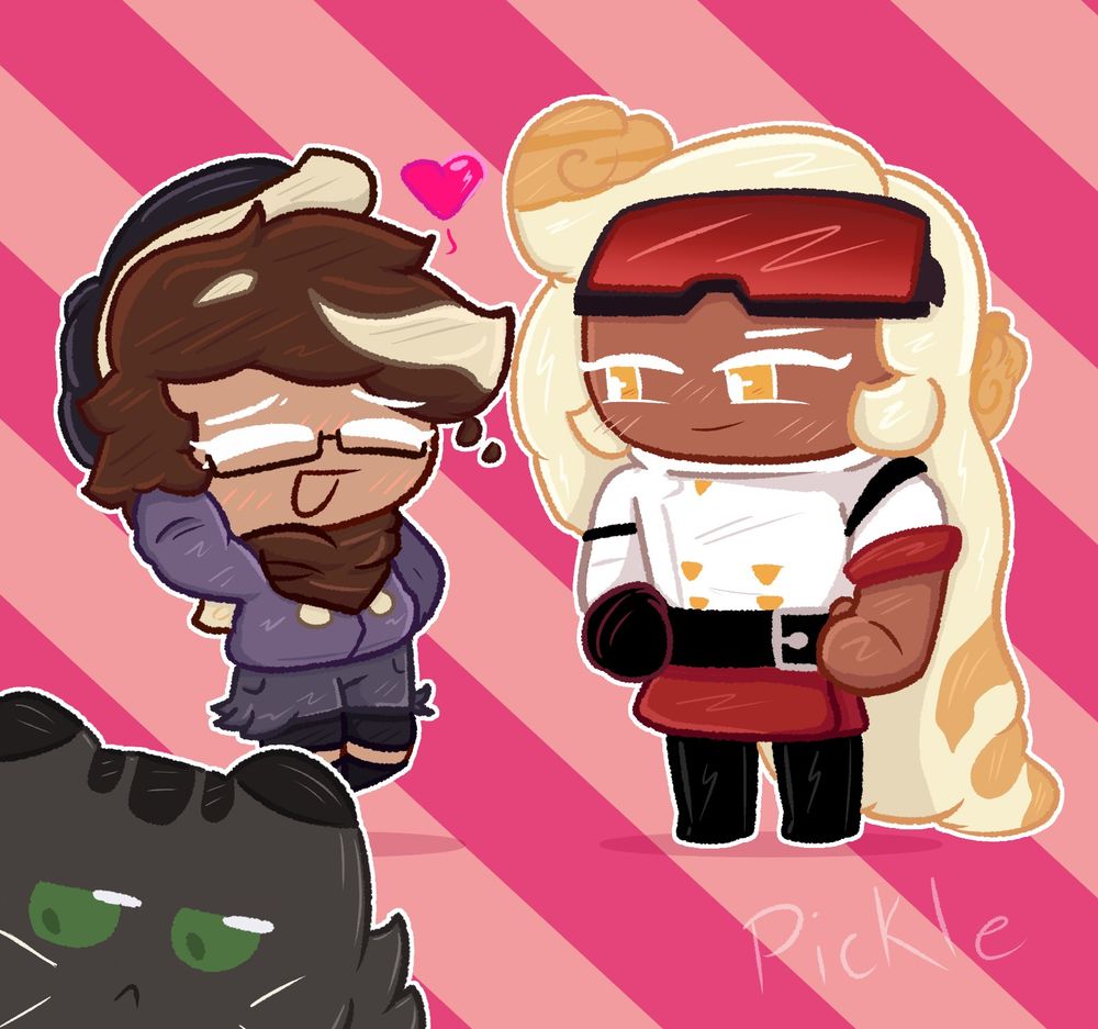 Melting fudge cookie and butter roll cookie with a kitty in the bottom left corner :D

Commission