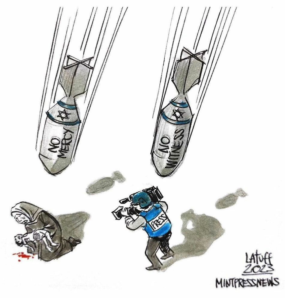 Tegning. Palestinsk mor sørger med sitt døde barn i armene. Israelsk bombe er rettet mot henne. Like ved står en videojournalist og dokumenterer det hele. Israelsk bombe er rettet mot ham også.