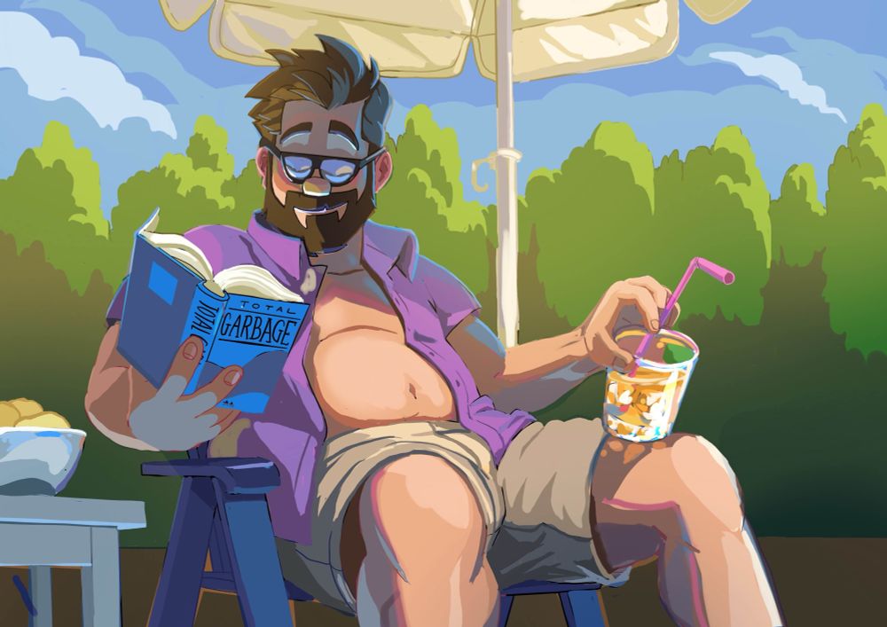 Cartoon painting of a guy cooling by a swimming pool with a cocktail and a book titled ‘total garbage’